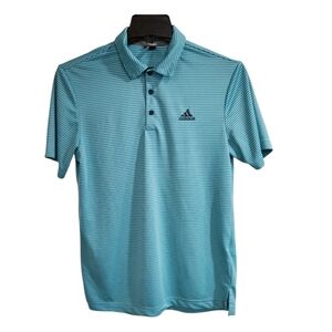 Adidas Mens Sz S Golf Polo Shirt Short Sleeve Teal Striped With Logo Lightweight